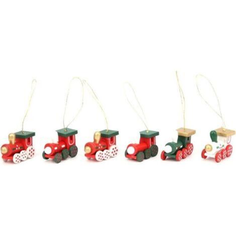 Set of 6 Cute Wooden Mini Trains, Kids Gift Toy Steam Train Red Ornament for Christmas Party Kindergarten Decorations (Red) (1/5)