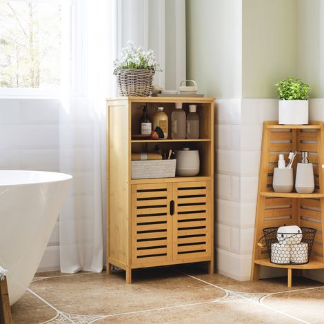 Meuble de salle de bain 50x29x92 cm bois naturel en bambou avec portes à lames et rangement (1/5)