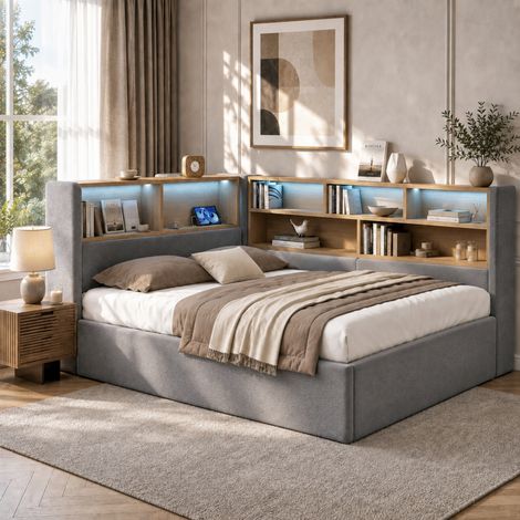 Sofá cama de 140x190 cm con almacenamiento hidráulico, tapizado, con LED, USB y respaldo, de terciopelo gris. (1/5)