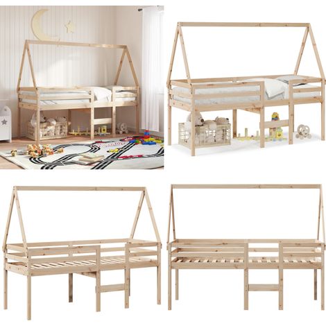 Hochbett mit Dach 80x200 cm Massivholz Kiefer - Kieferholz Bett - Kinderbett mit Dach (1/5)