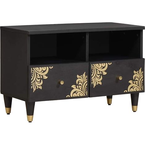 Meuble TV rectangulaire avec rangement pratique 70 x 33 x 46 cm style contemporain en bois de mangue massif noir