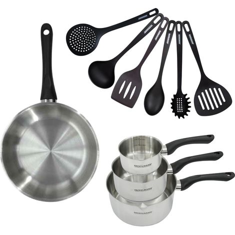 Set 1 poêle 28 cm 3 casseroles 12 16 et 20 cm en inox et 6 ustensiles Fackelmann Geneva (1/5)
