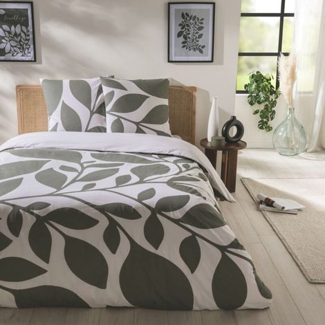 Parure de lit 2 personnes en coton 57 fils – Imprimé vert – Housse de couette 240x220cm – 2 taies d'oreiller 63x63cm – (1/4)