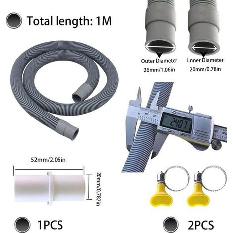 Rallonge de Tuyau de Vidange pour Lave-Linge, Tuyau de Lave-Vaisselle, Kit Universel de Tuyau de Vidange Avec 1 Raccord de Tuyau et 2 Colliers de Serrage (1 M)