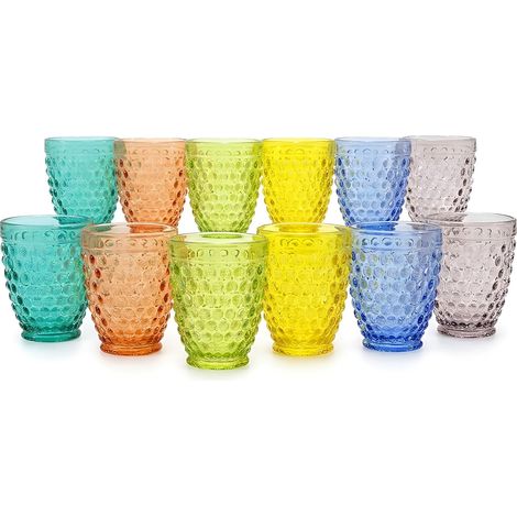 Set 12 Bicchieri in Vetro Colorati 27cl Design Moderno con Decoro a Rilievo casa Ideali per Acqua bibite Bevande Tavola Allegra e Vivace Resistenti Ristorazione