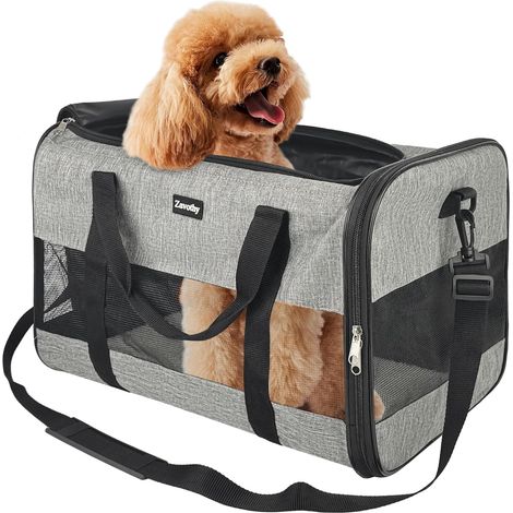 Sac Transport Chat Chien, Sac Transport Respirant et Pliable, Caisse de Transport Chat avec Bandoulière Réglable, Matelas en Peluche Amovible, L, Gris (1/5)
