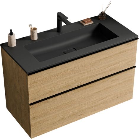 Unterschrank Bernstein LAVOA 100 cm mit Mineralguss Waschbecken BRUXELLES - Griff Chrom, Badmöbelfarbe Eiche Honiggold, Waschbecken Schwarz matt mit Hahnloch