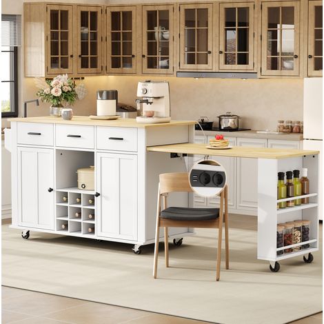 Isla de cocina móvil extensible 136 x 50 x 93 cm, MDF blanco y madera natural DESVIAE (1/5)