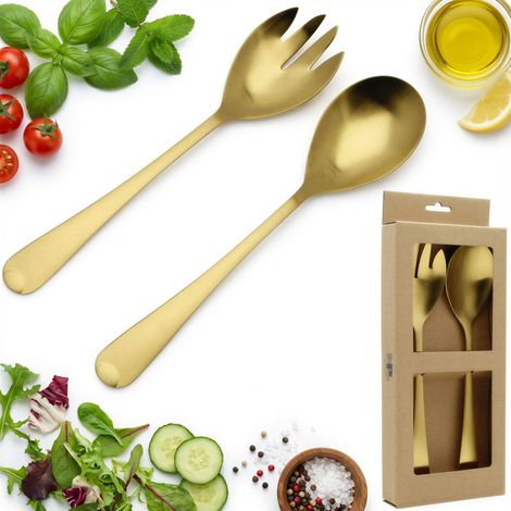CUCHARA LARGA CUBIERTOS PARA ENSALADA TENEDOR CUCHARA JUEGO 2 PIEZAS DORADO (1/5)