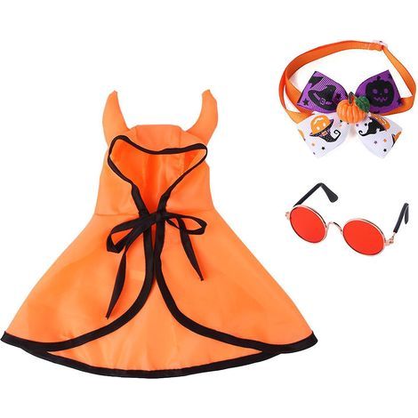 Costume d'Halloween pour animaux de compagnie, ensemble 3 pièces : cape orange ajustable avec cornes mignonnes (1/4)