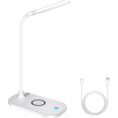 Modern desk lamp with Qi wireless charger, 3 lighting levels, articulated arm and touch control, white