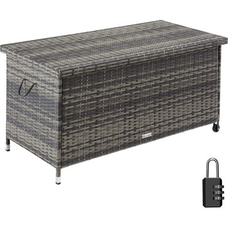 Baúl de almacenamiento Kiruna con trenzado de ratán sintético, 120x55x61,5 cm, 270l - Baúl de almacenaje, baúl portátil tapizado, cofre acolchado para jardín (1/5)