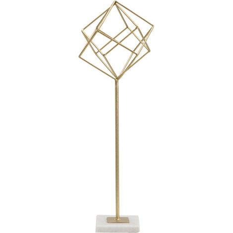 Scultura Cube geometrica in ferro dorato con base in marmo bianco