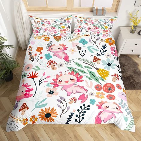 Housse de Couette 200x200 Enfant Axolotl, Parure de Lit Feuilles Fleurs Champignons pour Filles Garçons, Ensemble de Literie Animaux de Dessins Animés, Décor de Chambre Mignon Coloré (1/5)