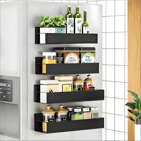 Lot de 4 Étagère Magnétique Frigo Avec 4 Crochet, Support Range Épices Métal Noir Pour Cuisine
