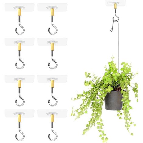 Crochets Plafond Autocollants Sans Perçage pour Plantes Suspendues avec en Adhésifs lot de 8 Acier Inoxydable Transparent (1/4)