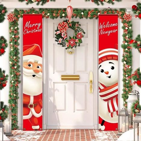 2 Pièces Décors de Bannière de Porte de Noël, Signe de Porche Rouge de Welcome Merry Christmas Décor Suspendu de Bannière-Ywey (1/4)