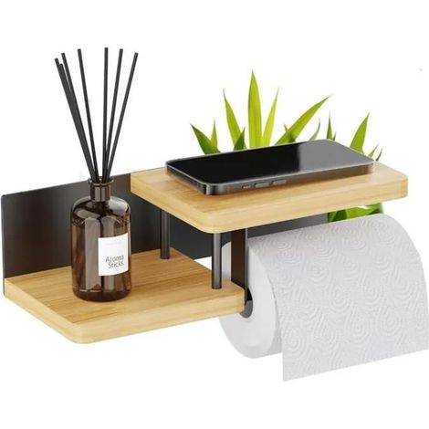 HOXILEELEOSupport Papier Toilette Mural avec ou sans Perçage Porte-Papier Toilette en Bois Métal Distributeur Rouleau Papier WC Noir Bambou (1/5)