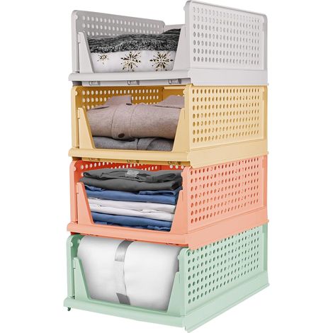 Paniers de rangement empilables pour armoire – adaptés aux chambres, salles de bains, cuisines, etc. – 4 pièces, 4 couleurs (1/5)