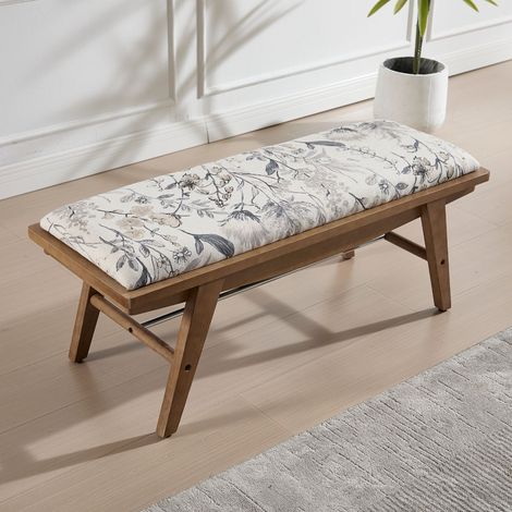 Wahson Floral Print Ottoman Bench – Linen Upholstered Wooden Stool, Retro Rustic Accent for Entryway, Bedroom & Living Room