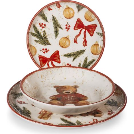H&H, Set Tavola Natale Teddy Hugs 18 Pezzi – Piatti in Stoneware con Orsetti e Decori Natalizi, Perfetto per il Natale e le Occasioni Speciali (1/4)