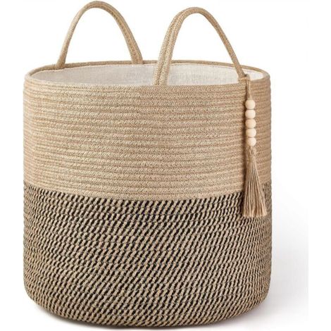 Black and yellow hemp braided storage basket, 282828cm, adorned with natural rope, for living room and home decor. (1/5)