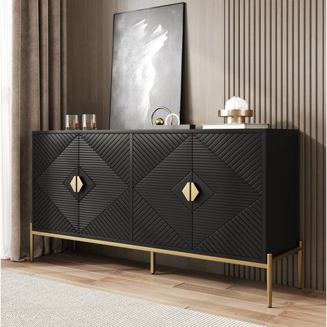 Credenza in MDF e truciolare nera 162 x 40 x 80 cm, 4 ante, gambe in metallo (1/5)