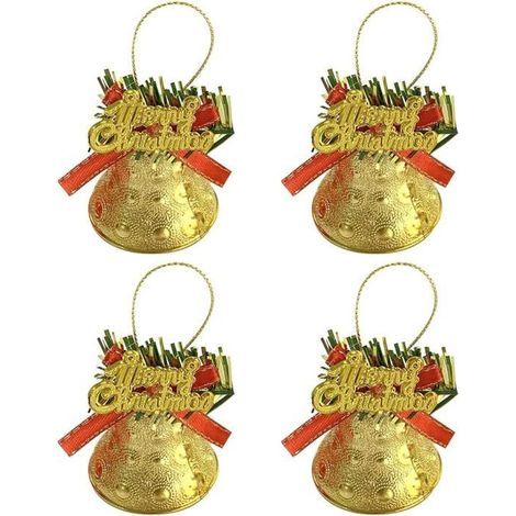 Set of 4 mini Christmas bells with bows, for tree, party, and home decor (gold). (1/4)
