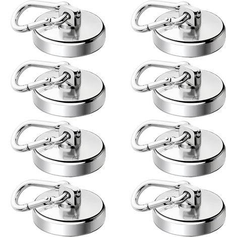 Lot de 8 crochets magnétiques extra forts de 32 mm avec œillet, mousqueton magnétique, 42 kg, force de traction, aimants en néodyme, rotation à 360 °, aimants puissants pour cuisine, salle de (1/5)