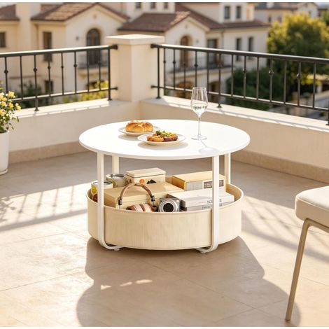 Table basse ronde 80x80x50 cm blanc avec panier de rangement, métal et toile, MEUBLIV (1/5)