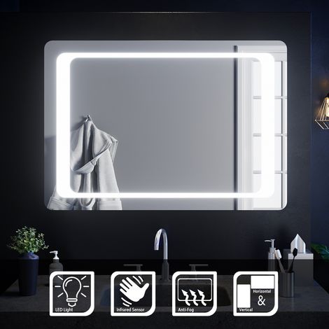 SIRHONA Miroir de salle de bain led rectangle Commutateur Anti-buée éclairage intégré blanc froid Infrarouge 100x70 cm