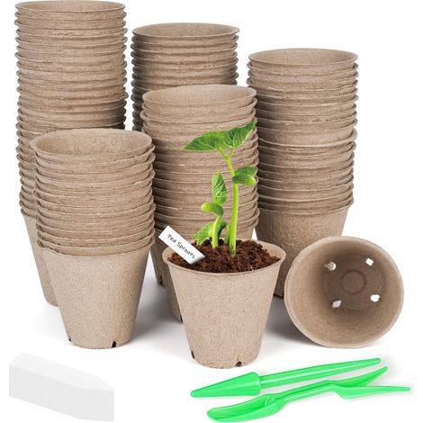 Lot de 100 pots de fleurs biodégradables de 8 cm, pots de semis, pots de semis ronds avec 100 étiquettes en plastique et outils de creusement de transplantation, petits pots de fleurs pour semis (1/5)