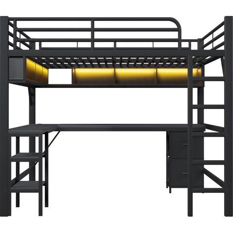 Lit mezzanine en métal 140 x 200 cm avec bureau, bibliothèque, armoire, USB et éclairage LED, noir (1/5)