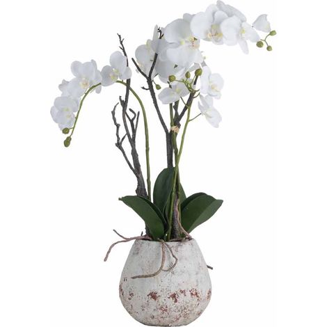 Orchid in Stone Pot Artificial Flower - Plastic - L46 x W46 x H70 cm - White
