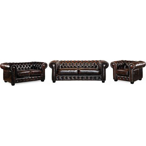 Canapés chesterfield 3 places 2 places et un fauteuil BRENTON 100% cuir de buffle - Marron reflets châtains (1/4)