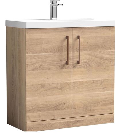 Balterley Bramshall Contemporary Bathroom Floor Standing 2-Door Vanity Unit & Mid-Edge Basin, Bleached Oak, 800 mm