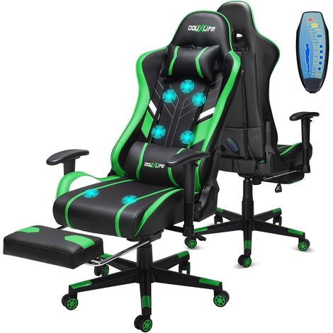 Gaming Stuhl 7 Punkt Massage Fußstütze 2D Armlehne 180kg Grün (1/5)