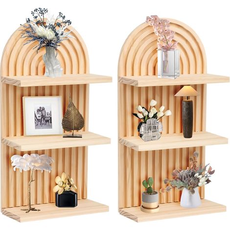 Lot de 2 Étagère Murale Bois Bohème à Trois Étages, Tablette Suspendue Murale Arc en Ciel, Support Mural pour Chambre à Coucher (1/5)