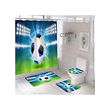 4-teiliges Duschvorhang-Set mit Fußballmotiven, rutschfester Matte, WC-Deckel und Badematte, wasserdichter Vintage-Duschvorhang mit 12 Haken