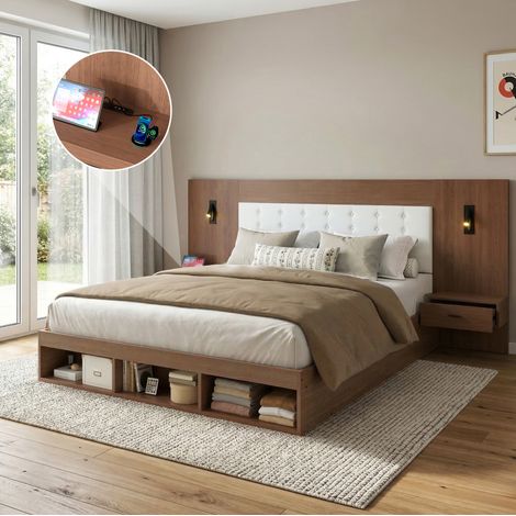 Lit double moderne en MDF noyer 180x200 cm avec tête de lit, 2 chevets, USB/Type-C, liseuses orientables et rangements (1/5)