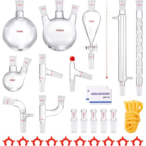 VEVOR Kit di distillazione da laboratorio, kit di distillazione 3.3 Boro con 24, 40 giunti, distillazione di oli essenziali da 1000 ml, set di attrezzature per vetreria da 29 pezzi