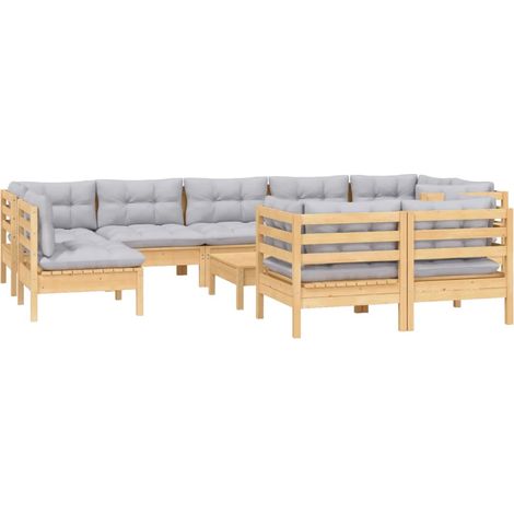 Mobili da giardino mobili da esterno Set di mobili da 10 pezzi con cuscini grigi in legno di pino massiccio