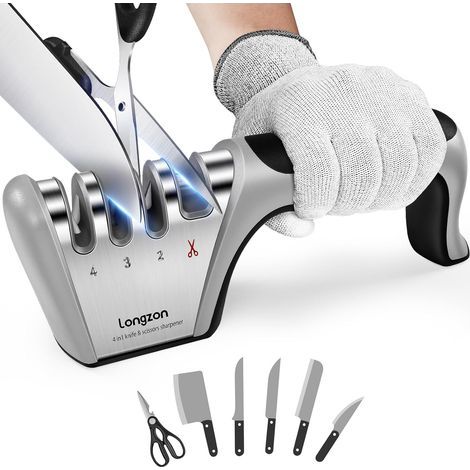 Aiguiseur Couteaux, 4 en 1 Affuteur Couteau Professionnel avec une paire de Gants Anti-coupure, eguiseur de couteau pour Ciseaux et Couteaux de Cuisine de Différentes Tailles (1/5)