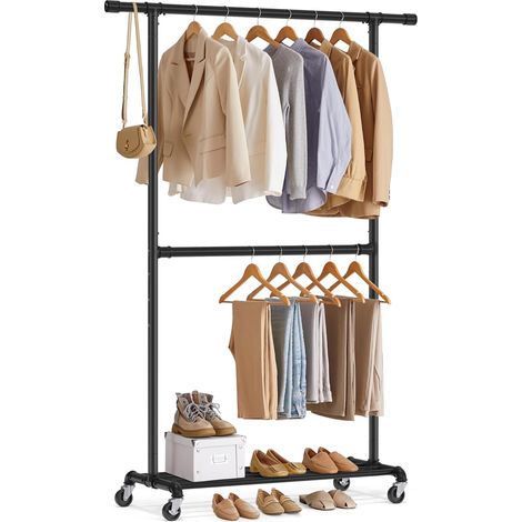 Portant à Vêtements, Capacité de Charge 110 kg, Porte-manteau sur Roulettes, Porte-vêtements Mobile, Tringle du Milieu Réglable, en Métal, Résistant, Style Industriel, Noir