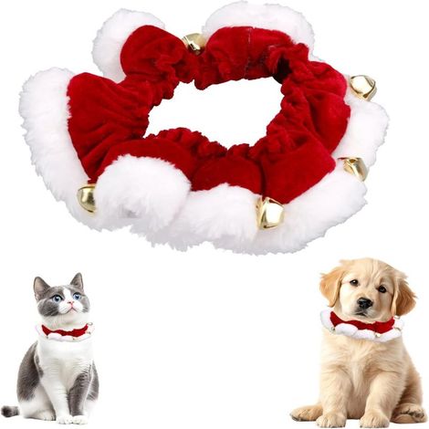 Collier de Noël pour chat et chien élastique en peluche avec grelots silencieux rouge et blanc (L) (1/5)