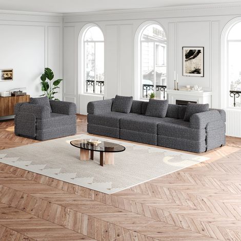Modulares 4-Sitzer-Sofa mit Fach, 2-in-1 Chenille-Schlafsofa, Armlehnen-Staufach, 3 Stahlrahmen, einfache Montage,Grau