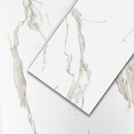 Revêtement de sol en PVC - Carreaux autocollants en vinyle - Effet béton - Marbre blanc - 60,96 cm x 30,48 cm x 1,5 mm - Épaisseur : 1,5 mm - 2,23 m² / 12 carreaux (1/5)