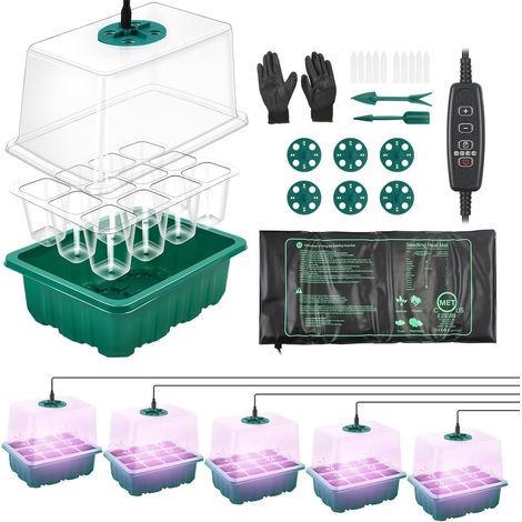 Plateau de démarrage de graines avec tapis chauffant pour semis, lot de 6 plateaux de démarrage avec contrôleur de temps et lampe de croissance améliorée, kit de démarrage de graines avec dôme