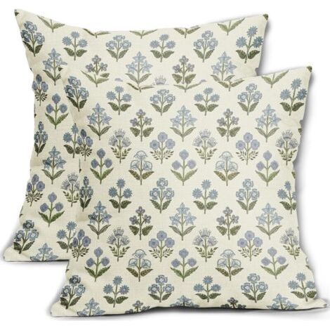 Lot de 2 housses de coussin bleu vert block print 45 x 45 cm, style floral printanier vintage, style bohème, décoration rustique, idéal pour un canapé ou un lit. (1/4)