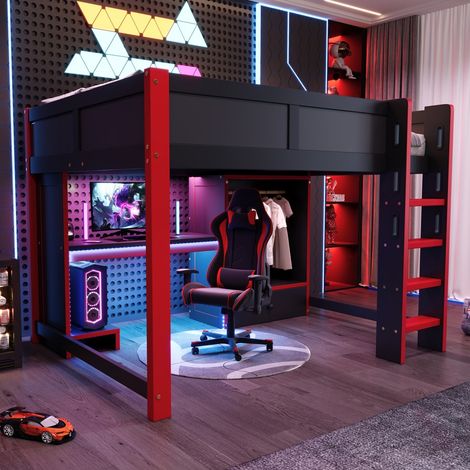 Lit Mezzanine 140x200cm - Station Gaming avec Bureau & Armoire de Rangement & Tiroirs & Éclairage LED RGB - Noir et Rouge (1/5)
